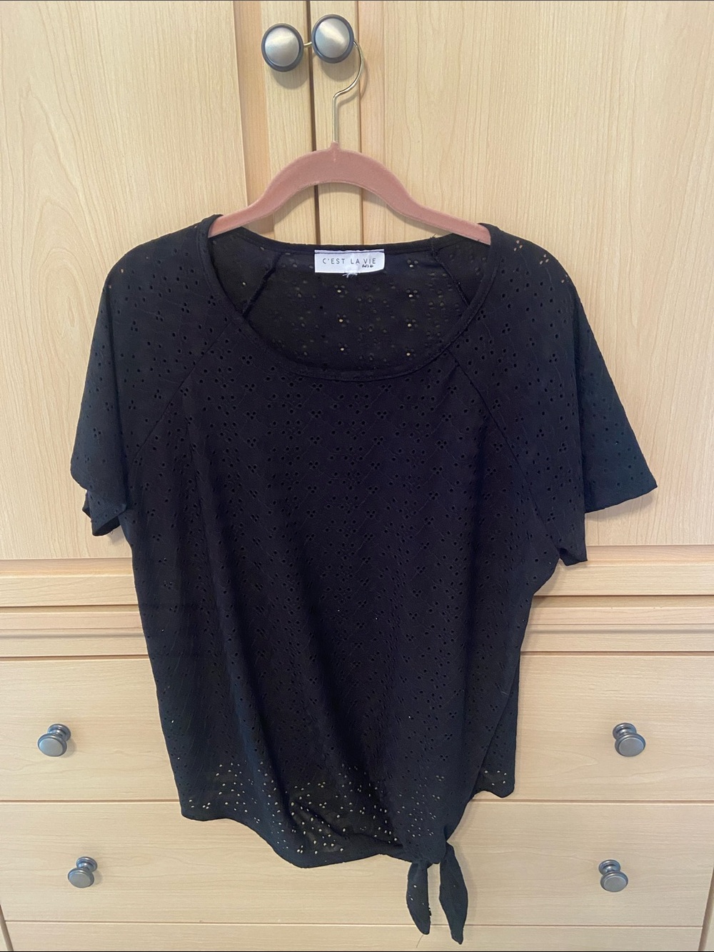 C'est La Vie Black Eyelet Tie-Hem Short Sleeve Top